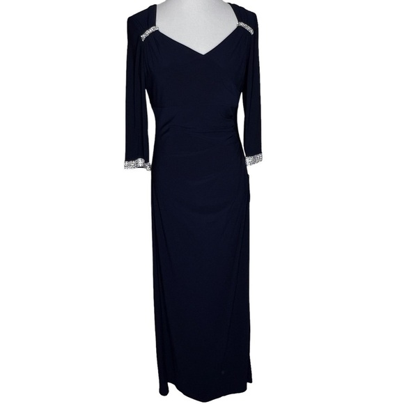 R&M Richards Blue Ruched 3/4 Sleeve Maxi Gown Rhinestone Size 10P NWT Elegant - Picture 15 of 15